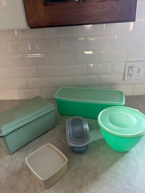 Vintage Tupperware Jadeite Green and other plastic storage containers